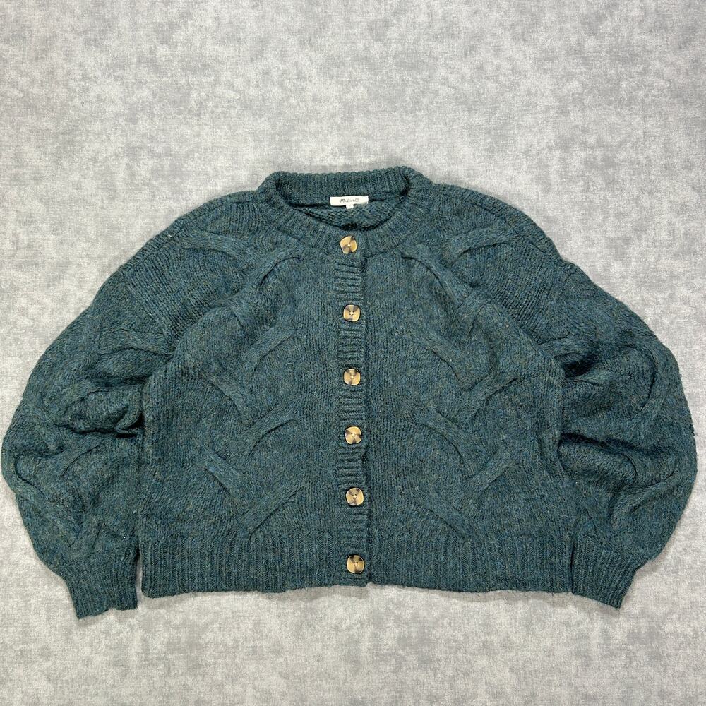 Madewell Cable Knit Wool Blend Cardigan Sweater H11H539 Teal Blue Womens M